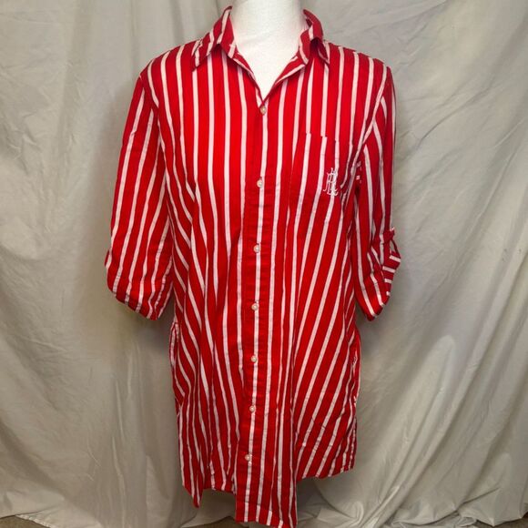Lauren Ralph Lauren Red Pin Stripe Half Sleeve Button Down Shirt Womens Top NWOT - Picture 8 of 8